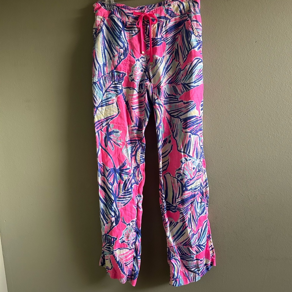 Lilly Pulitzer Linen Floral Print Drawstring Flare Pants Sz 4 - Picture 6 of 11